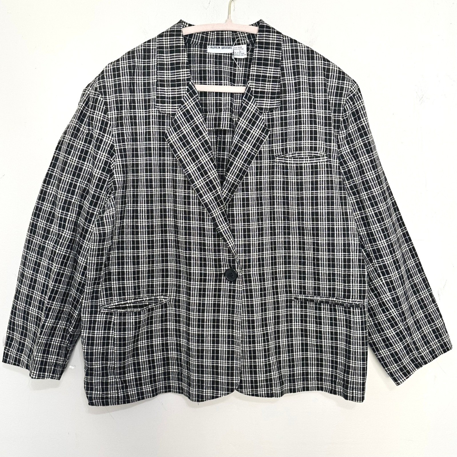 Vintage Black & White Plaid Grid Pattern Blazer Womens Large Minimalist